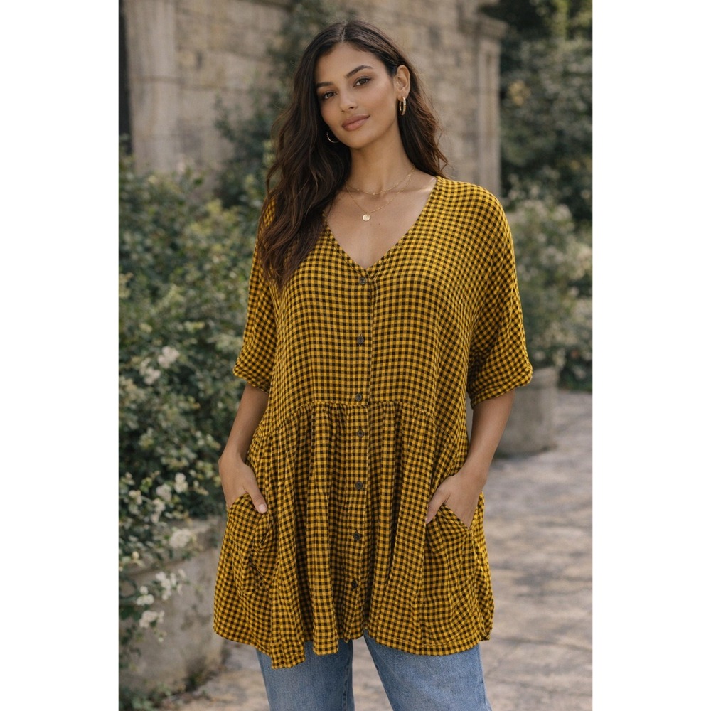 Zara Gingham Babydoll Tunic Top M Mustard Black Indie Twee Retro Casual